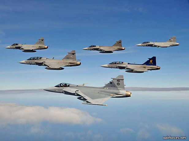 JAS-39 Gripens from Six Nations Fly Together